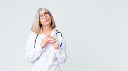 middle age doctor woman scheming and conspiring, thinking devious tricks and cheats, cunning and...