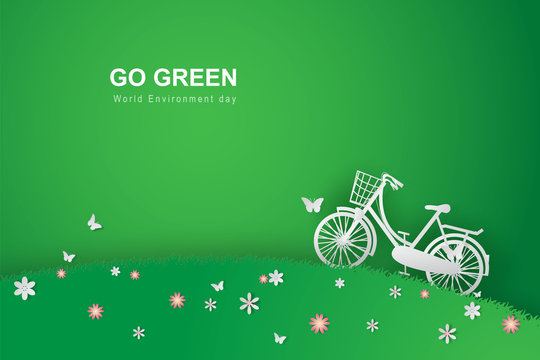 Paper art of Green background with bicycle in the field flower garden park.Go green world Environment day template.Creative ecology graphic concept.Lifestyle nature plant.vector illustration EPS10