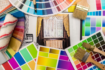 Interior design concept - apartment sketch with color palette and tools.