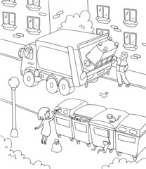 Girl kid taking out litter, garbage sorting to different recycle bins in the city. Garbage truck picks up trash. Coloring book. line simple drawing.