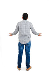 Back view of thinking young man. Rear view. isolated over white background. Concept of idea, ask question, think up, choose, decide.