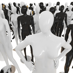 Obraz premium White female mannequin stands on the background with different plastic figures. 3D rendering
