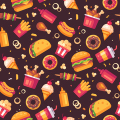 Fast food icons seamless pattern