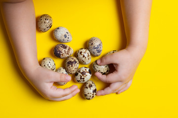 Children hands holding many quail eggs on light background. Concept of organic product. Place for text food