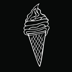 Vector illustration. Close-up of ice cream in a waffle cone on a black isolated background. Cover design, clothing print.