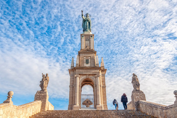 Sculptural monument in the sanctuary of Sant Salvador at sunset. Mallorca (Spain)