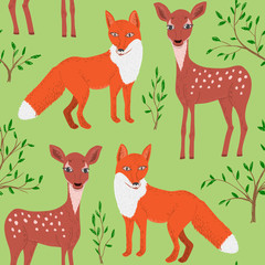 Seamless pattern of cartoon fox and fawn. Repeatable textile vector print, childish wallpaper design.