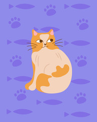 Orange cat. Purple background with fish and paws