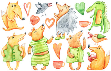 Naklejka premium Watercolor hand painted cartoon animals-fox, bears, hedgehog, bird. Illustration isolated on white background. Can be used for patterns, design greeting cards, birthday invitations, poster, print.