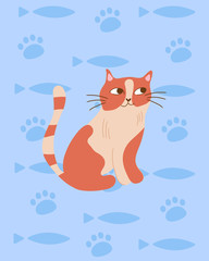 Red cute cat. Blue background, silhouettes of fish and paws.Flat vector illustration.