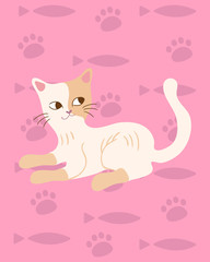 Cute domestic cat. Pink background and silhouettes of fish and paws. Flat vector illustration