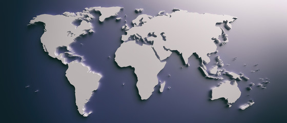 World map flat, blank continents against blue background. 3d illustration