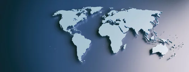 Gordijnen Wereldkaart plat, lege continenten tegen blauwe achtergrond. 3d illustratie © Rawf8