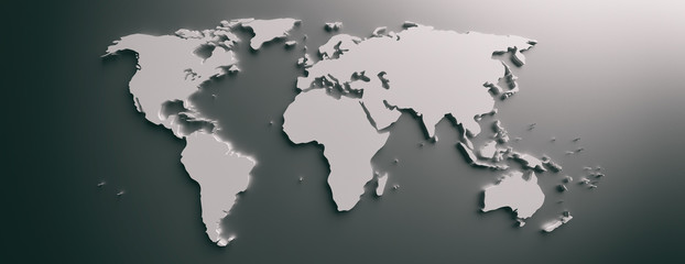 World map flat, blank continents against gray background. 3d illustration