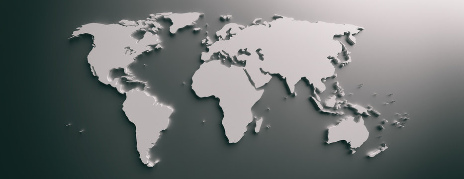 Fototapeta World map flat, blank continents against gray background. 3d illustration