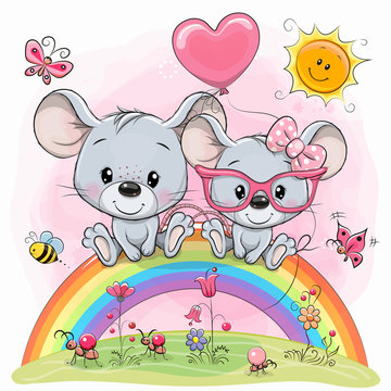 Cute Cartoon mouses are sitting on the rainbow