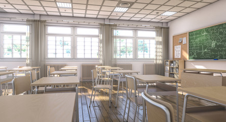 interior of a classic school class with wooden desks - obrazy, fototapety, plakaty