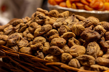 June 18, 2019 - Istanbul, Turkey - Basket of dried figs found in one of the many stalls of the Grand Bazaar