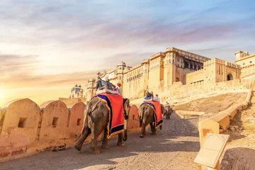 Fotobehang Tourists on the elephants in Amber Fort, Jaipur, Rajasthan, India © AlexAnton