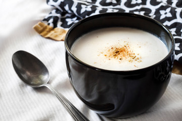 Cauliflower Soup (Creme du Barry) in black bowl