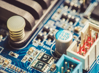 Computer circuit board. Macro shot. Selective focus. Shallow depth of field.