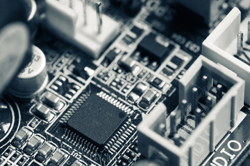 Computer circuit board. Macro shot. Selective focus. Shallow depth of field.