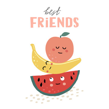 Funny fruits. watermelon, apple, banana best friends. Comic characters. Vector cartoon. 