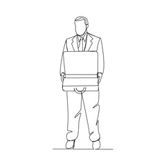 Continuous line drawing of business men open briefcase. One line art of men open laptop. Vector illustration.