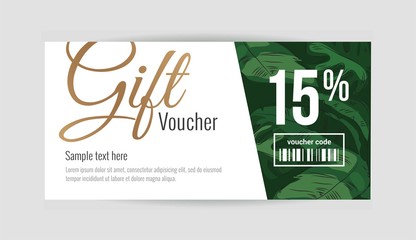 Gift voucher template with tropical plant leaves. Summer, spa, resort concept. Vector illustration - obrazy, fototapety, plakaty