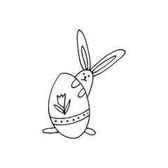 Super cute, adorable bunny with eggs for easter design. Funny, hand drawn illustration in doodle style for poster, banner, print, decoration kids playroom or greeting card.