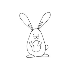 Super cute, adorable bunny with eggs for easter design. Funny, hand drawn illustration in doodle style for poster, banner, print, decoration kids playroom or greeting card.