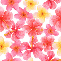 Seamless watercolor pattern with plumeria and hibiscus flowers.