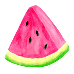 Watercolor juicy watermelon slice. Hand drawn colorful illustration isolated on white background for decoration, packaging, wrapping, cards, design.