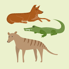Set of cartoon australian predators. Dingo dog, crocodile and tasmanian wolf vector illustration.