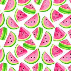 Watercolor juicy watermelon slice seamless pattern. Hand drawn colorful illustration isolated on white background for decoration, packaging, wrapping, cards, design.