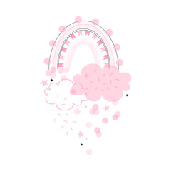 Pink Party rainbow with clouds and confetti illustration. Pastel digital watercolor bow decorative doodle isolated on white. Childish drawing for baby girl party design.