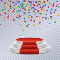 Colorful confetti and balls isolated. Festive background vector. Happy Birthday.Birthday party invitation banners. Podium. Vector illustration