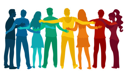 Group silhouette diverse people embracing.Back view.Cooperation and help between multi-ethnic people.Care and assistance.Concept of solidarity friendship and charity.Community.Teamwork
