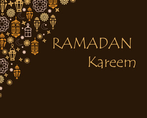 Fototapeta na wymiar Vector Ramadan horizontal banner. Islamic Holiday. Lanterns, ornaments, stars, mosque,arabian style. Text Ramadan Kareem.