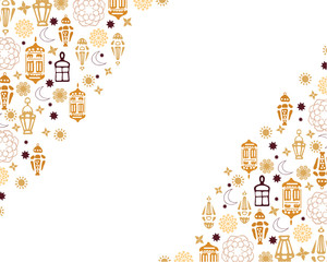 Vector  Ramadan horizontal banner. Islamic Holiday. Lanterns, ornaments, stars, mosque,arabian style.