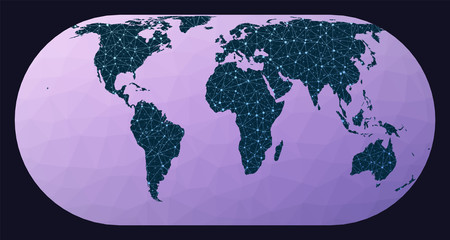 World map graph. Eckert IV projection. World network map. Wired globe in Eckert 4 projection on geometric low poly background. Astonishing vector illustration.