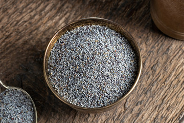 Poppy seeds in a bowl, top view
