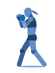 Boxer girl. Vector illustration. Simplified symbolic image of a man. Female. Sportswoman in boxing gloves. Front combat stance. Side view. Isolated on a white background.