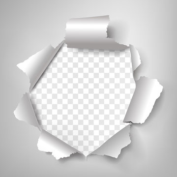 Vector illustration of realistic white torn paper with rolled upsides and round-shaped hole isolated on transparent background. Good for sale ad banners, web sites, flyers