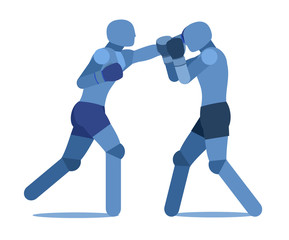 Boxers in the ring. Vector illustration. Simplified symbolic image of a man. Men Athletes in boxing gloves. Attack and defense. Side view. Separate on a white background.