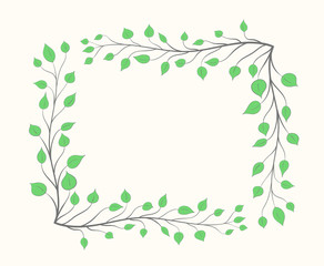 Frame of branches with green leaves on a light background