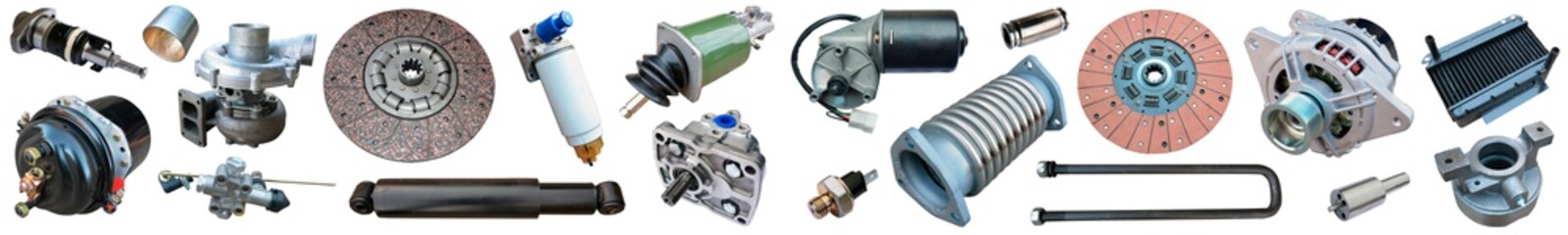 Auto spare parts car on the white background. Set with many isolated items for shop or aftermarket	