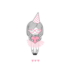 Cute happy birthday girl in pink ballerina skirt, cone hat with a heart isolated on white background. Vector doodle illustration in candy pink colour for girly design like textile apparel print, wall