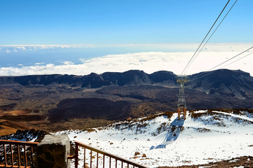 Fototapeta na wymiar Volcano teide in tenerife national park panoramic landscape. Amazing aerial view of the snow covered mountains