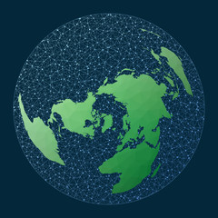 Illustration of global network. Wiechel projection. Green low poly world map with network background. Amazing connections map for infographics or presentation. Vector illustration.